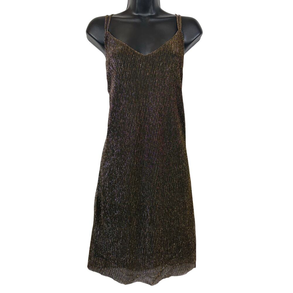 Metallic Mini Dress Gold and Silver Shimmer Juniors XL Sheer Lined Cross Straps